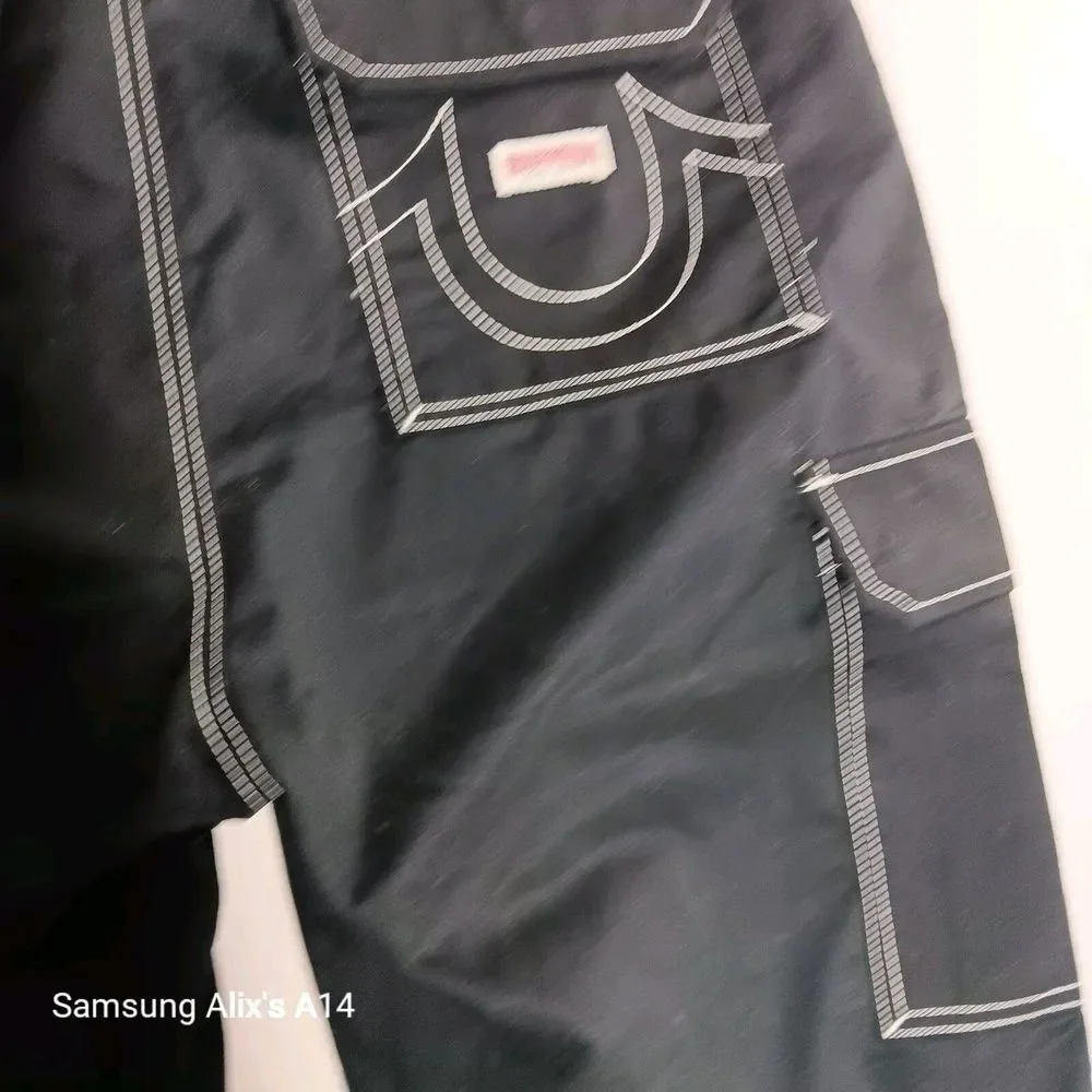 True Religion Cargo Pants Jet‎ Black White Stitch 108335R Mens Size 36